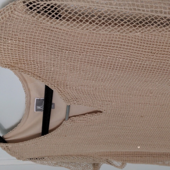 JM Collection XL Tan Lined Top with Netting Overlay, Silver Keyhole, and Sequins - Picture 4 of 6